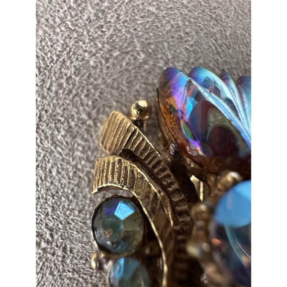 Vtg Florenza Gilt Maltese Cross Blue Borealis Brooch & Earrings Set Signed - Picture 14 of 16